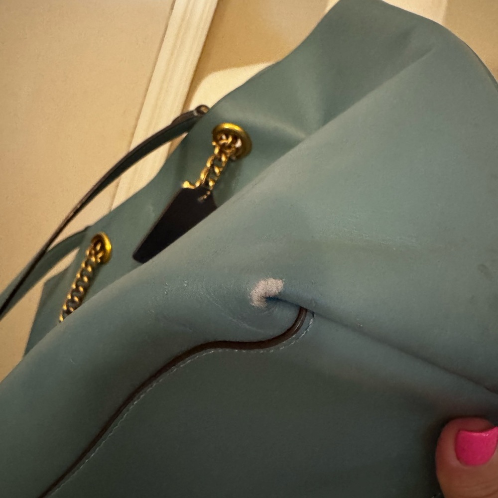 Coach Teal Leather Tote with Gold Chain - Picture 11 of 16